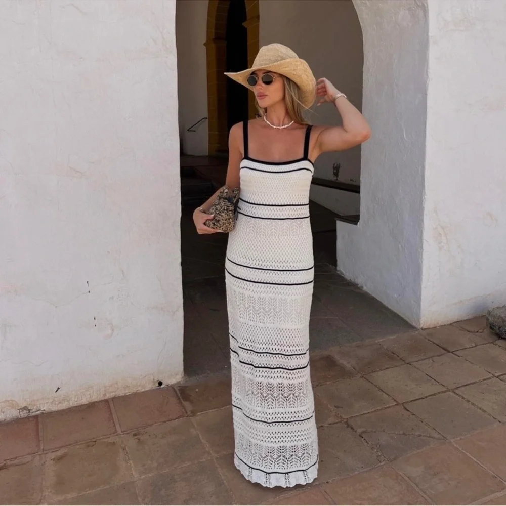 Abercrombie & Fitch White and Black Crochet Maxi Dress